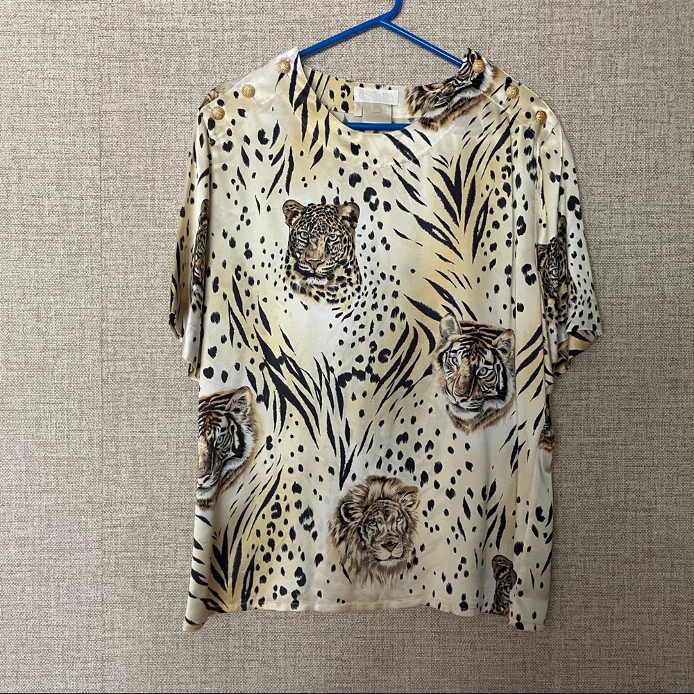 Vintage 80's Escada Tiger Lion Jaguar Animal Safari Zoo Silk Blouse King 42/M